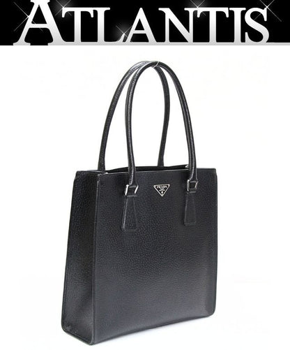PRADA Triangle Logo Leather Tote Bag Black Size ONE SIZE
