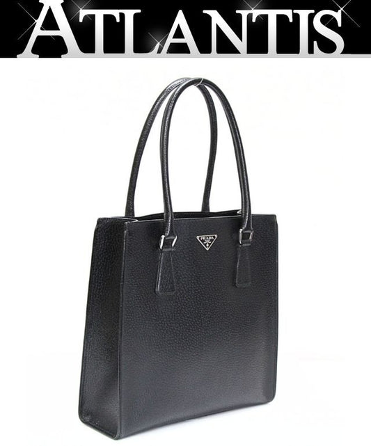 PRADA Triangle Logo Leather Tote Bag Black Size ONE SIZE