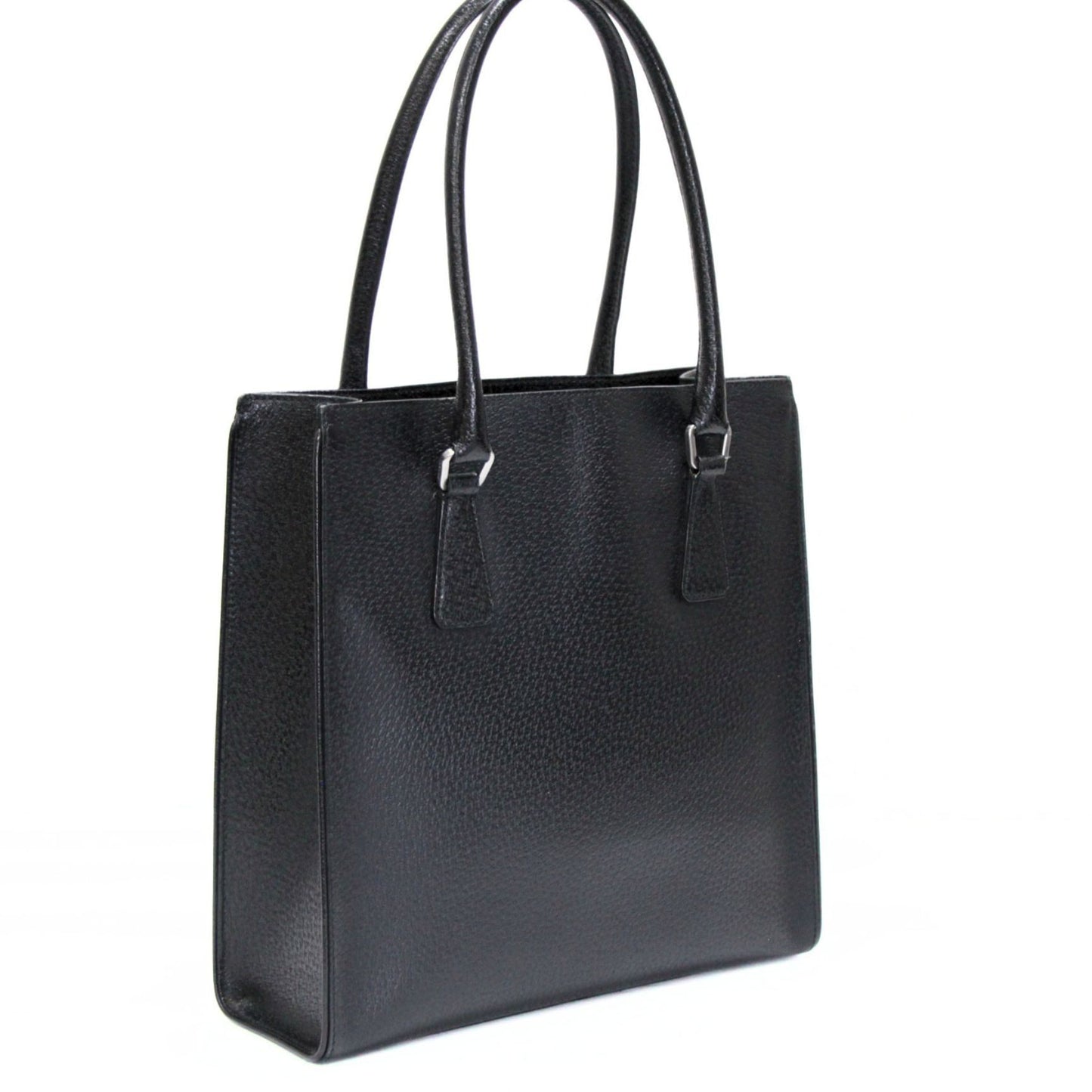 PRADA Triangle Logo Leather Tote Bag Black Size ONE SIZE