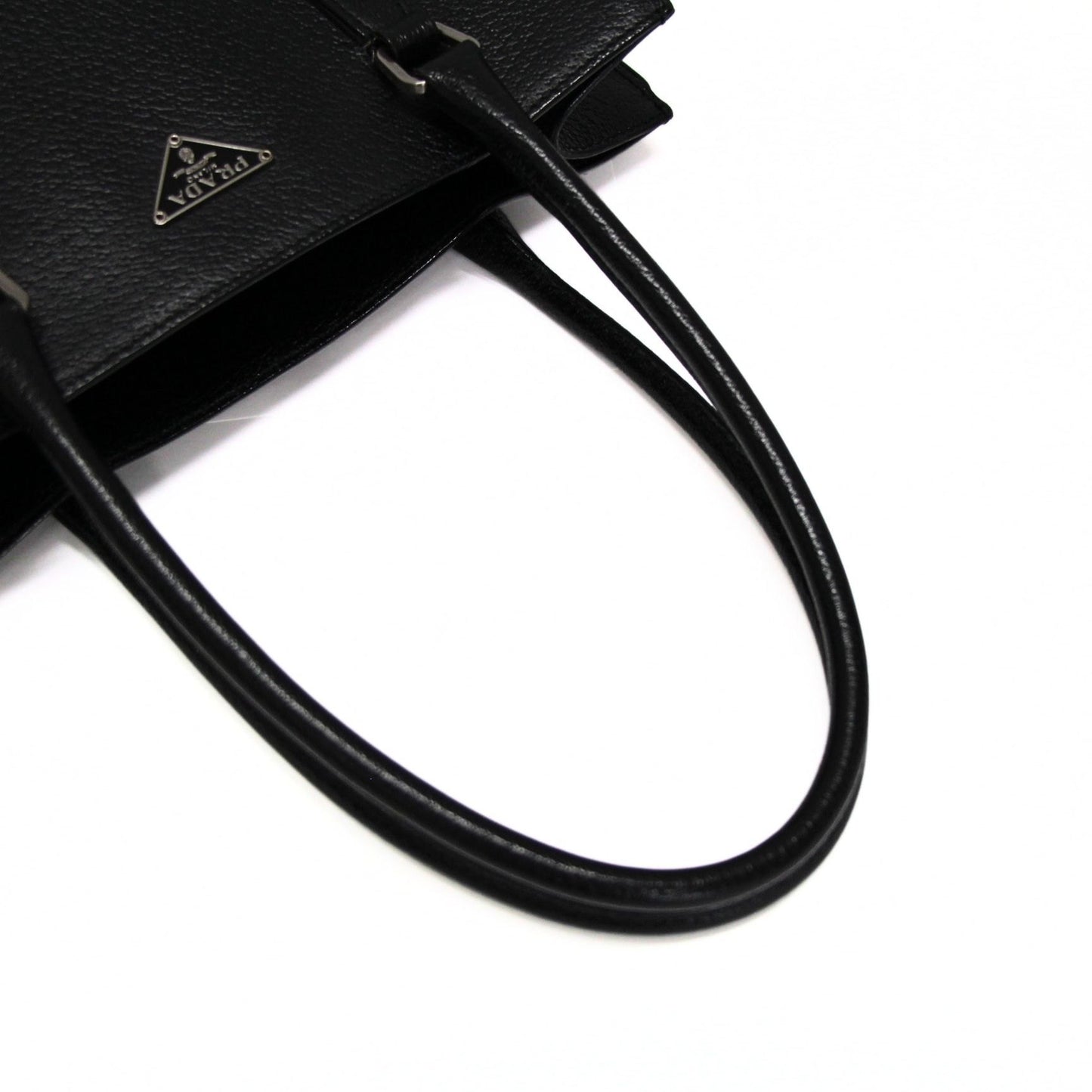 PRADA Triangle Logo Leather Tote Bag Black Size ONE SIZE