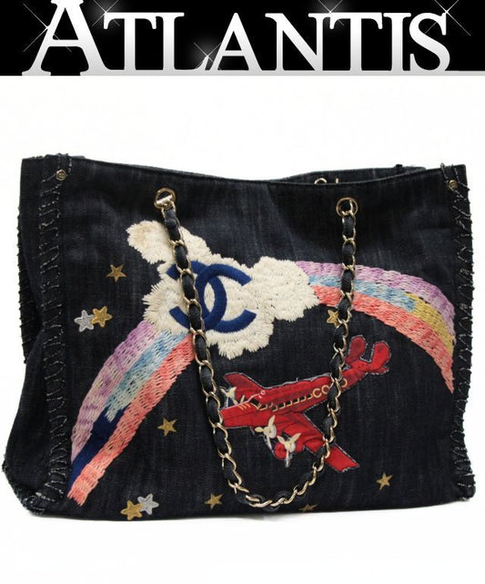 CHANEL Night Flight Denim Chain Tote Bag Navy