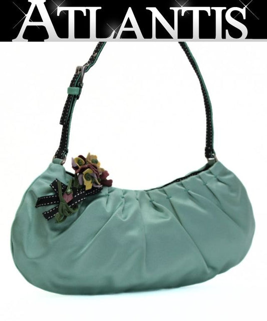 PRADA Flower Silk Satin Shoulder Light Green Shoulder Bag Size ONE SIZE
