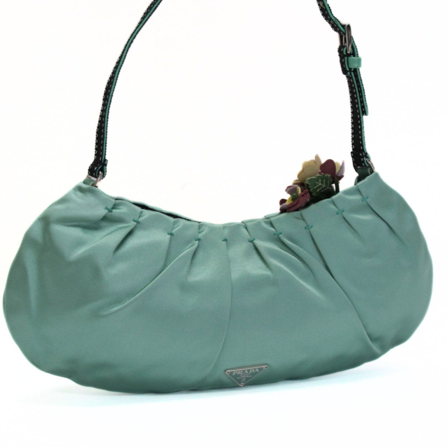 PRADA Flower Silk Satin Shoulder Light Green Shoulder Bag Size ONE SIZE