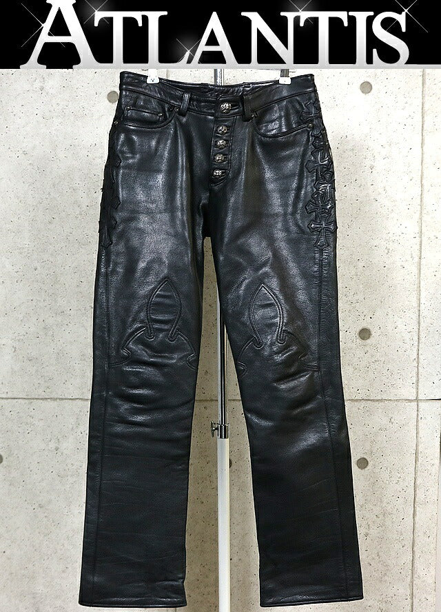 CHROME HEARTS Flare Knee Leather Cross Patch Black Size 30