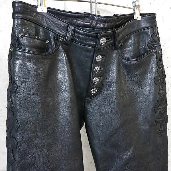 CHROME HEARTS Flare Knee Leather Cross Patch Black Size 30