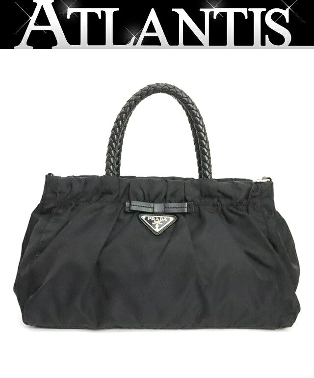 PRADA Ribbon Nylon Leather Handbag Black Size ONE SIZE