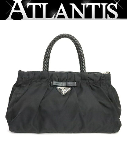 PRADA Ribbon Nylon Leather Handbag Black Size ONE SIZE