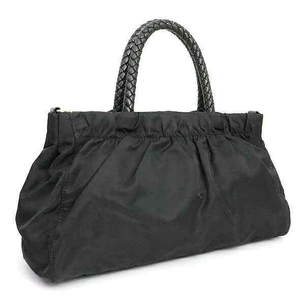 PRADA Ribbon Nylon Leather Handbag Black Size ONE SIZE
