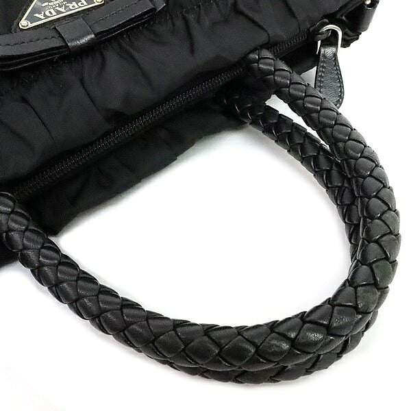 PRADA Ribbon Nylon Leather Handbag Black Size ONE SIZE