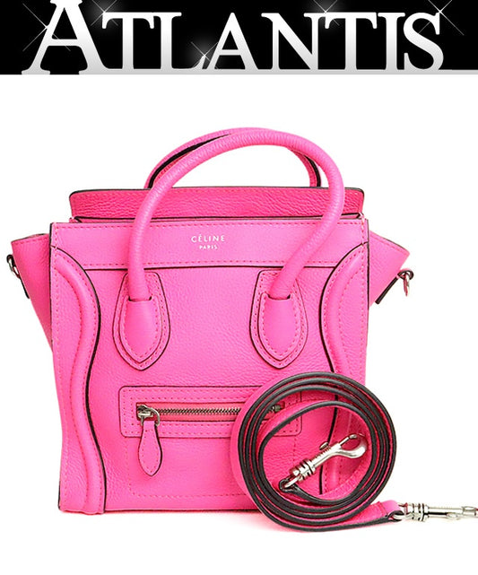 CELINE Luggage Micro Shopper Leather Neon Pink Bag Size ONE SIZE