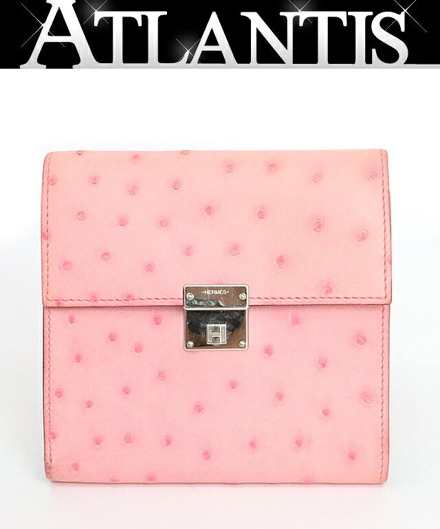 HERMES Clic 12 Ostrich Trifold Wallet Pink Size ONE SIZE