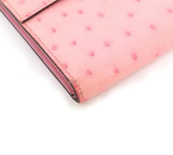 HERMES Clic 12 Ostrich Trifold Wallet Pink Size ONE SIZE
