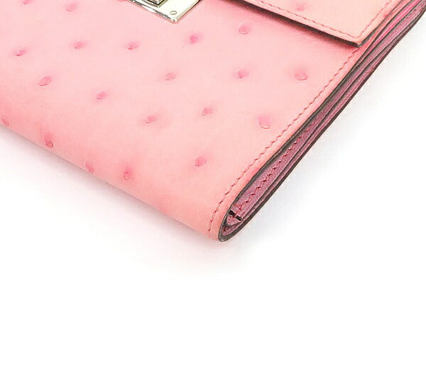 HERMES Clic 12 Ostrich Trifold Wallet Pink Size ONE SIZE