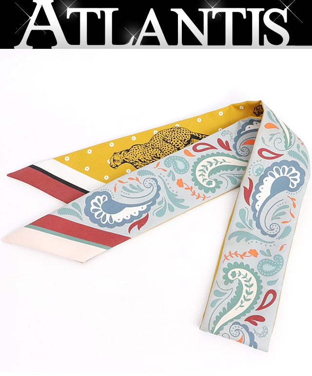 HERMES Twilly Silk Panther Scarf Yellow Size ONE SIZE