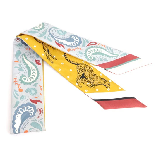HERMES Twilly Silk Panther Scarf Yellow Size ONE SIZE