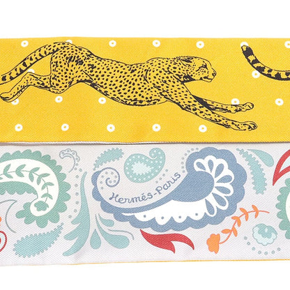HERMES Twilly Silk Panther Scarf Yellow Size ONE SIZE