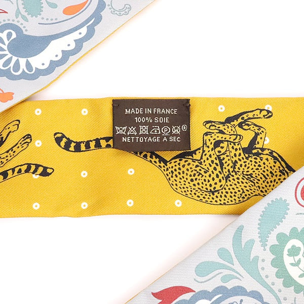 HERMES Twilly Silk Panther Scarf Yellow Size ONE SIZE