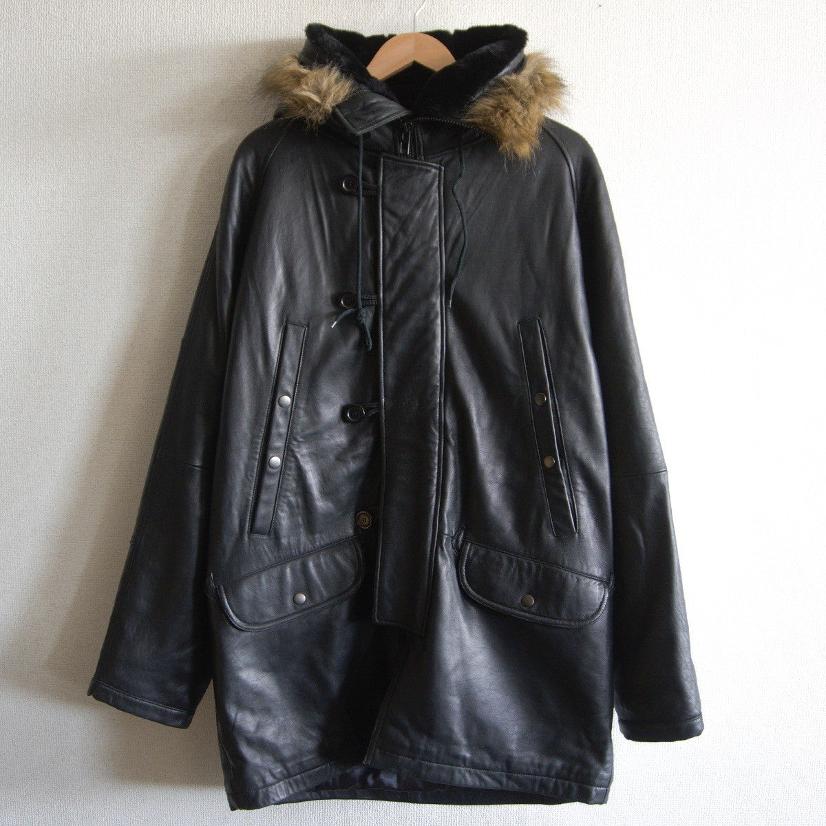 OLD STUSSY Black Leather Fur Coat Size L