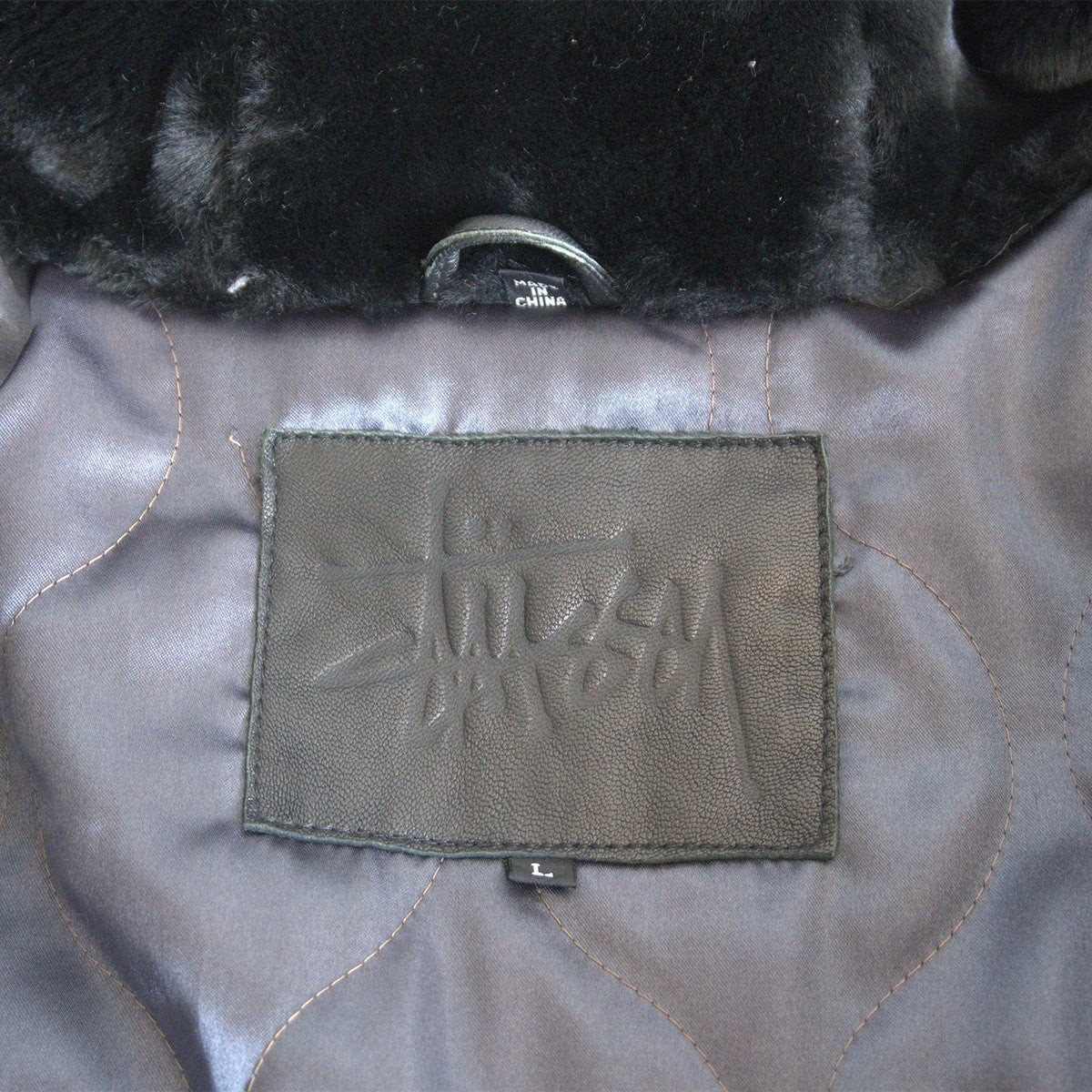 OLD STUSSY Black Leather Fur Coat Size L