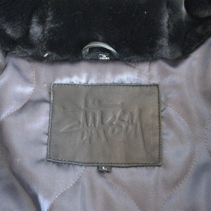 OLD STUSSY Black Leather Fur Coat Size L