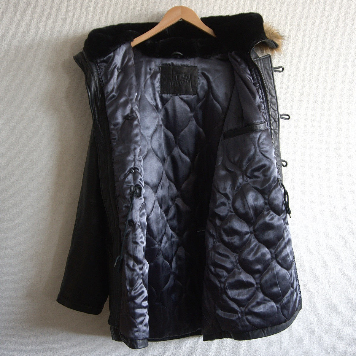 OLD STUSSY Black Leather Fur Coat Size L