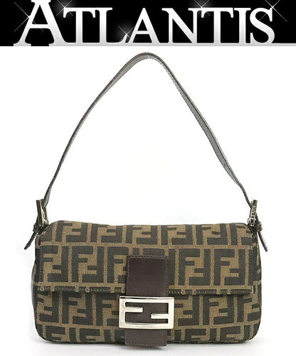 FENDI Mamma Baguette Zucca Canvas Shoulder Bag Size Brown
