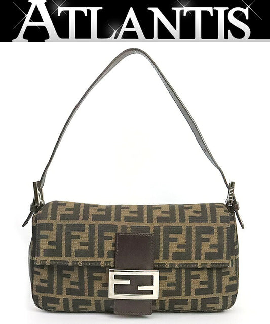 FENDI Mamma Baguette Zucca Canvas Shoulder Bag Size Brown