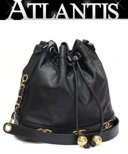 CHANEL Triple Coco Drawstring Lambskin Black Shoulder Bag Size ONE SIZE