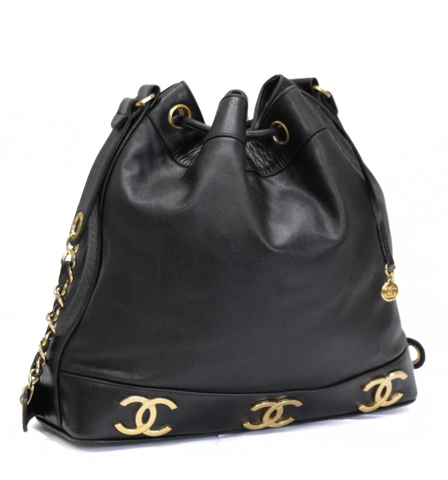 CHANEL Triple Coco Drawstring Lambskin Black Shoulder Bag Size ONE SIZE