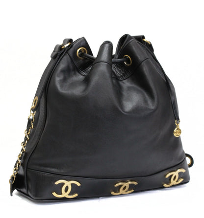 CHANEL Triple Coco Drawstring Lambskin Black Shoulder Bag Size ONE SIZE