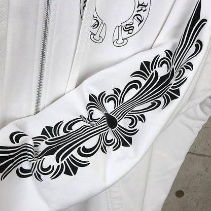 CHROME HEARTS Floral Cross Horseshoe Zip Hoodie White Size L