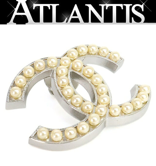 CHANEL Coco Mark Pin Brooch Silver Pearl 03C