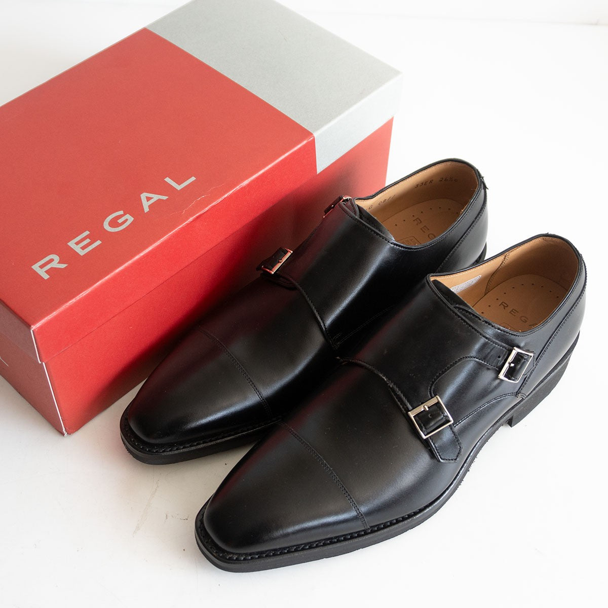REGAL Monk Strap Leather Shoes Black Size 8.5
