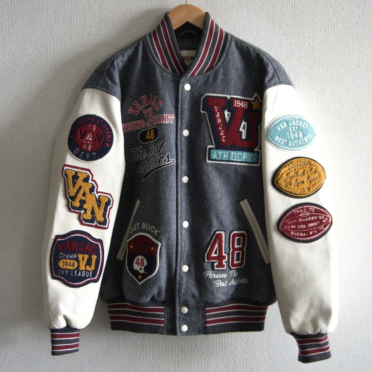 VAN JAC Leather Sleeve Varsity Jacket Size M