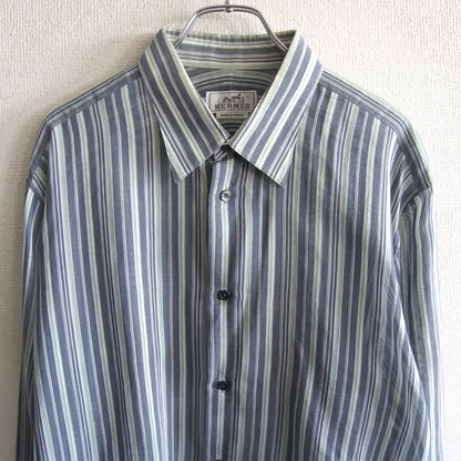 HERMES Sellier Button Stripe Cotton Silk Shirt Size XS