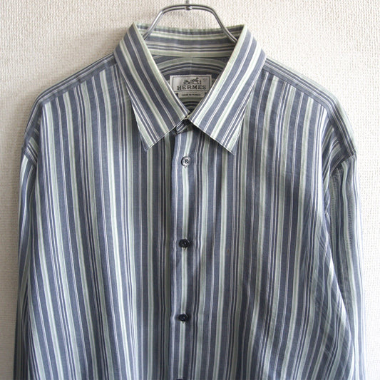 HERMES Sellier Button Stripe Cotton Silk Shirt Size XS