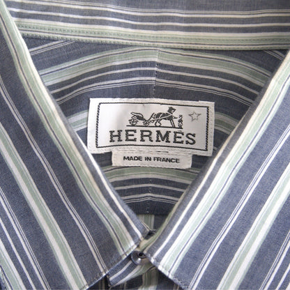 HERMES Sellier Button Stripe Cotton Silk Shirt Size XS