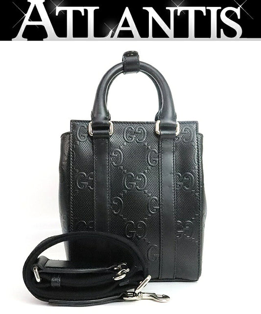 GUCCI GG Embossed Mini Tote Shoulder Bag Leather Black
