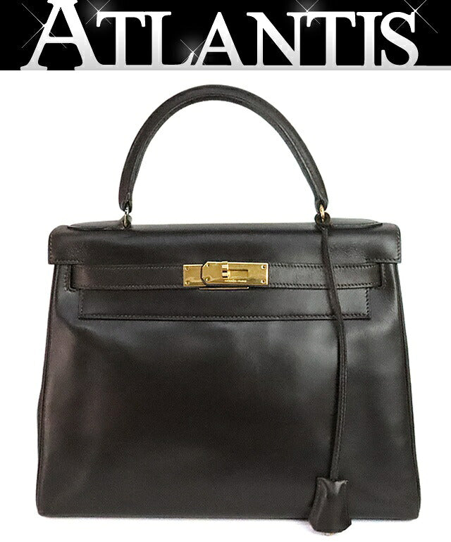 HERMES Vintage Kelly 28 Box Calf Brown Bag