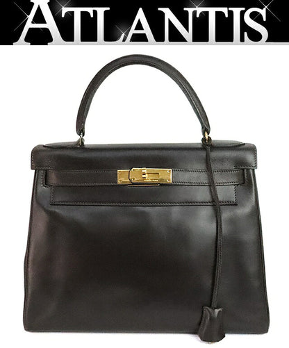 HERMES Vintage Kelly 28 Box Calf Brown Bag