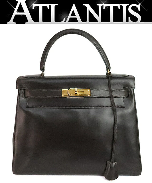 HERMES Vintage Kelly 28 Box Calf Brown Bag