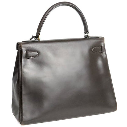 HERMES Vintage Kelly 28 Box Calf Brown Bag