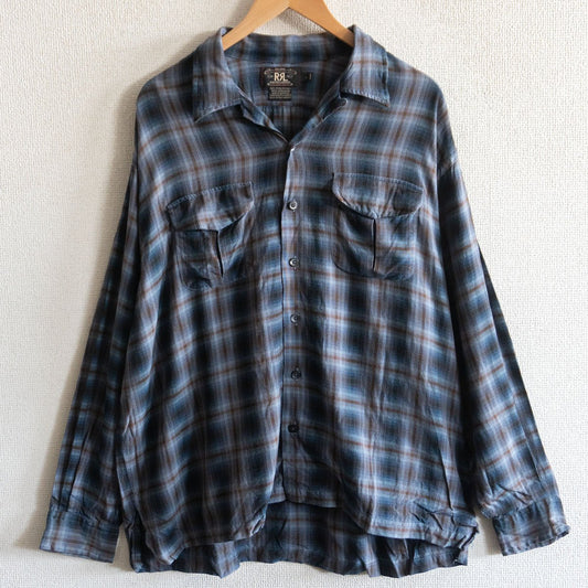 RRL 90s Ombre Check Rayon Open Collar Shirt Size L