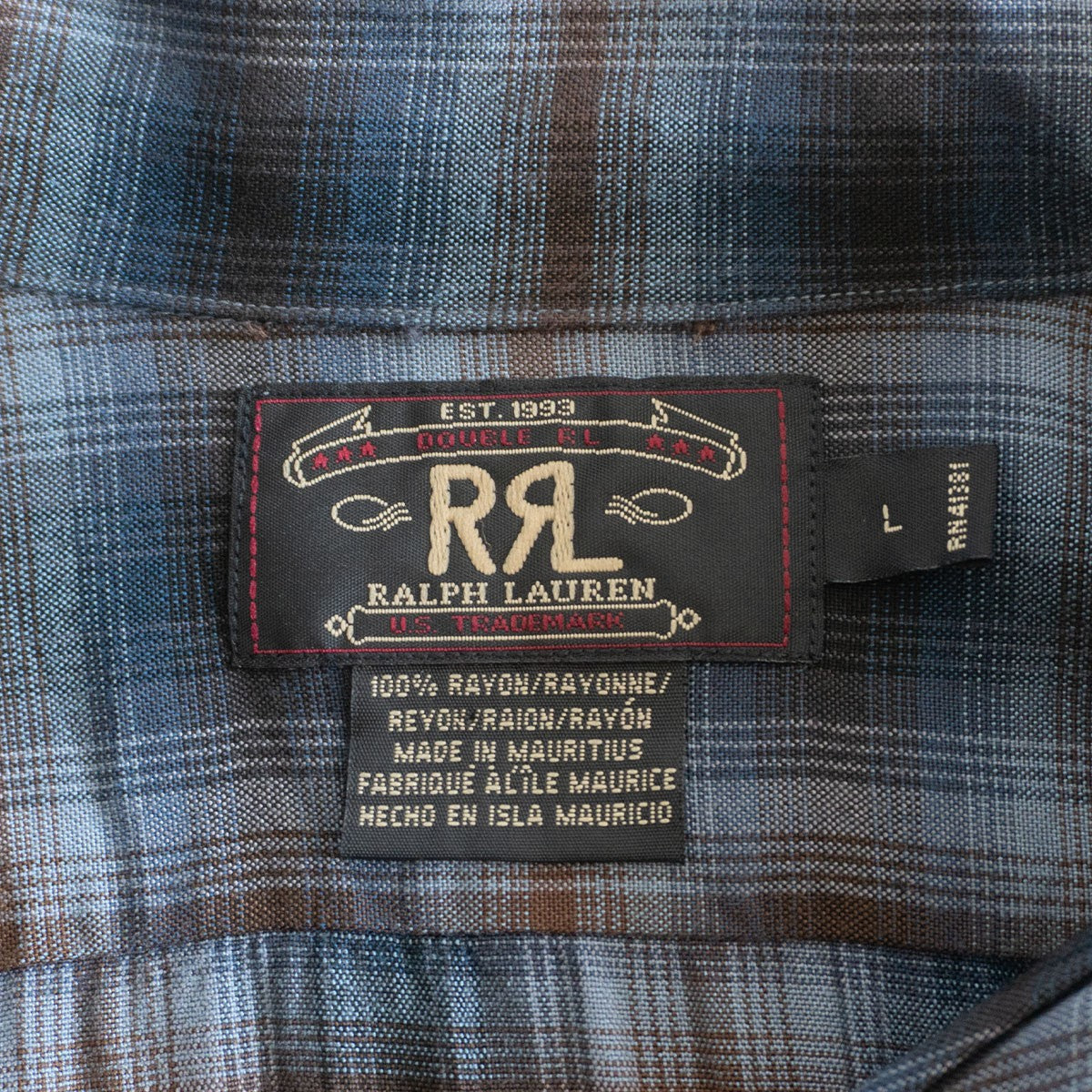 RRL 90s Ombre Check Rayon Open Collar Shirt Size L