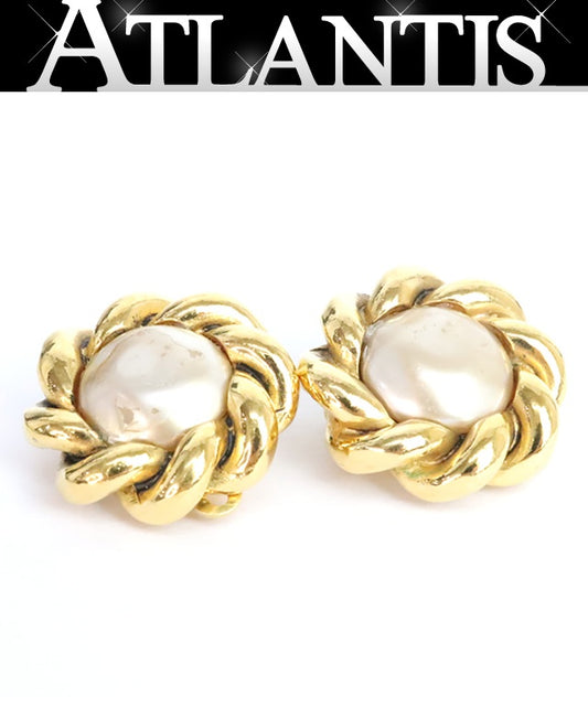 CHANEL Vintage Faux Pearl Gold GP Earrings