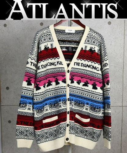 CELINE Nordic Pattern Wool Cardigan White/Multi Size XL