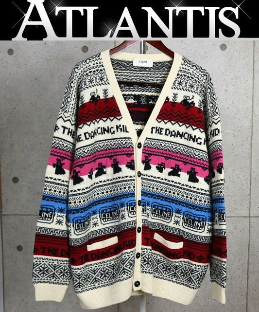 CELINE Nordic Pattern Wool Cardigan White/Multi Size XL
