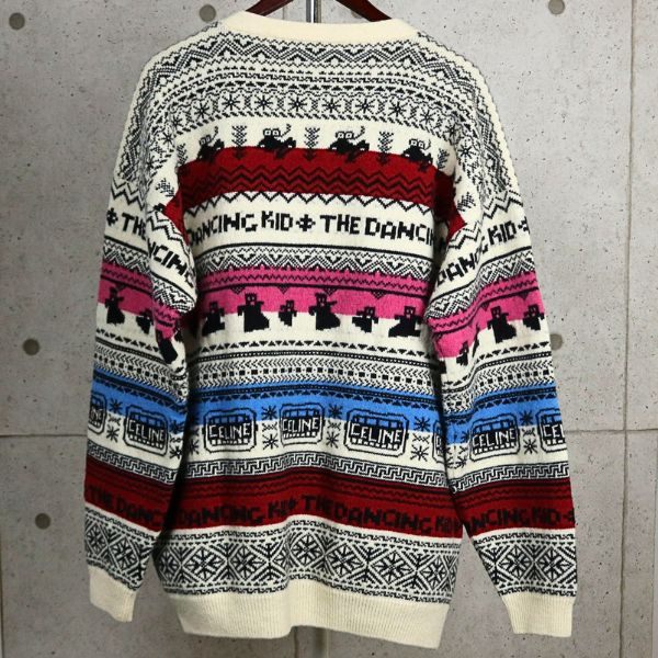 CELINE Nordic Pattern Wool Cardigan White/Multi Size XL