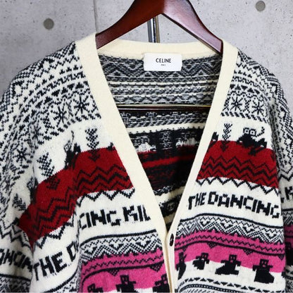CELINE Nordic Pattern Wool Cardigan White/Multi Size XL
