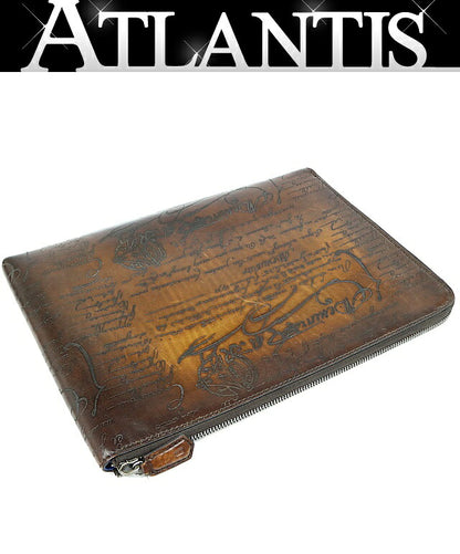 Berluti Brown Leather Nino GM Scritto Calligraphy Clutch Bag